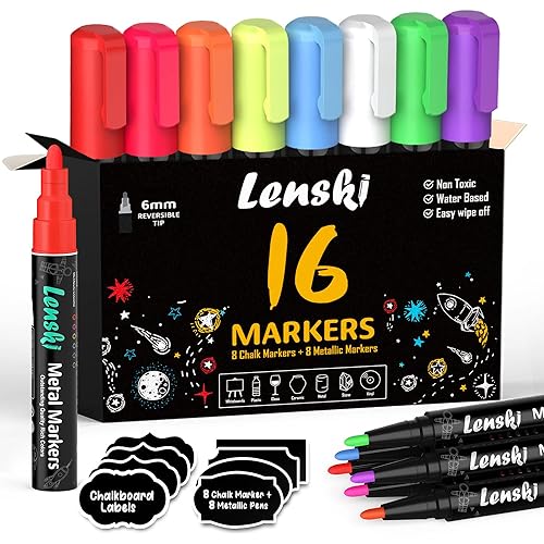lenski-16 Lenski Chalk Markers, 16 Chalkboard Markers, Liquid Chalk  Markers, Washable Markers for Glass Window, Dry Erase Markers Chalk Ma