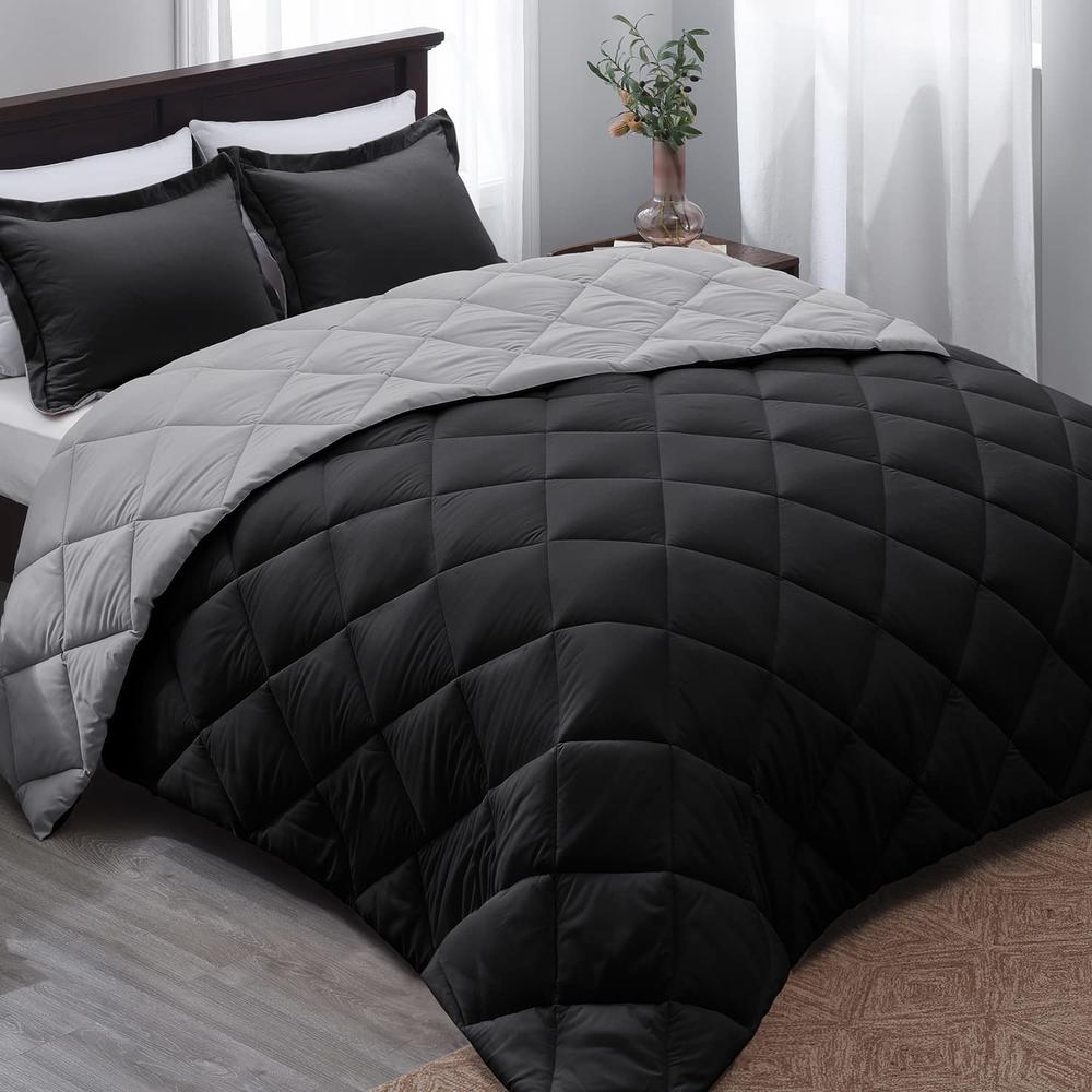 Basic Beyond Queen Comforter Set - Black Comforter Set Queen, Reversible Bed Comforter Queen Set for All Seasons, Black/Grey, 1 