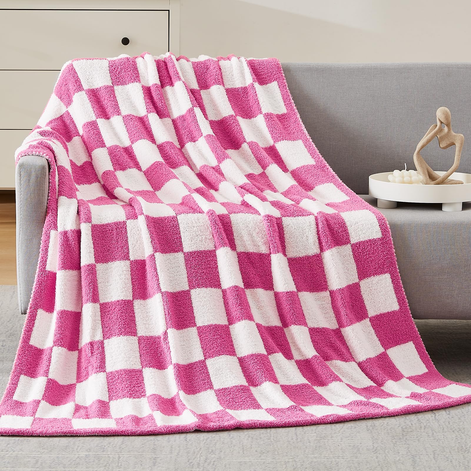 WRENSONGE Checkered Throw Blanket, Hot Pink Microfiber Soft Cozy