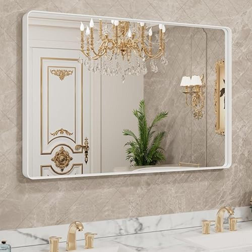 LOAAO 40x30 Inch White Metal Framed Bathroom Mirror for Wall, White Bathroom Vanity Mirror Farmhouse, Large Rounded Rectangle Mi
