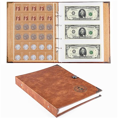 Ettonsun Leather 150 Pockets Coin Collecting Holder Album, 240 Pockets Paper Money Currency Colletion supplies Holders, Large St
