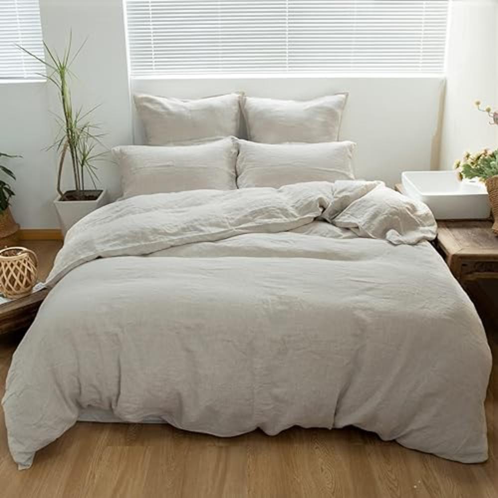 Simple&Opulence 100% Linen Duvet Cover Set 3pcs Basic Style Natural French Washed Flax Solid Color Soft Breathable Farmhouse Bed