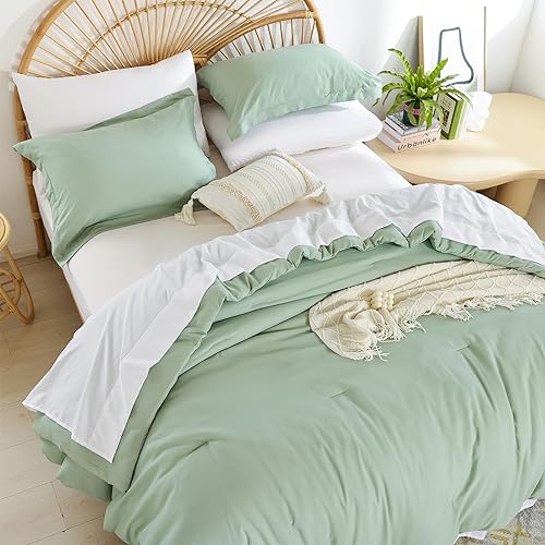 weigelia King Size Comforter Set Boho Sage Green Comforter Set Bed in a Bag Bedding Set 7PC King Comforter Set with Sheets - Rev