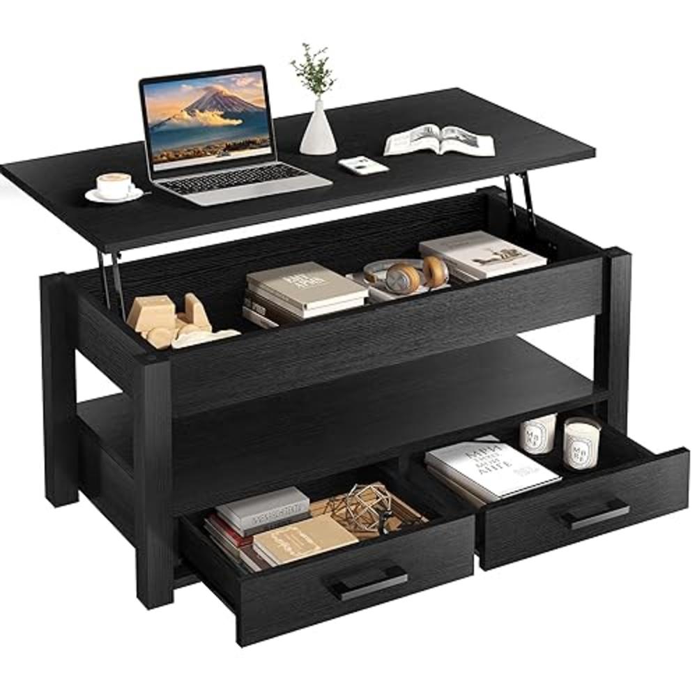 FABATO 41.7'' Lift Top Coffee Table with 2 Storage Drawer Hidden Compartment Open Storage Shelf for Living Room Folding Wood End