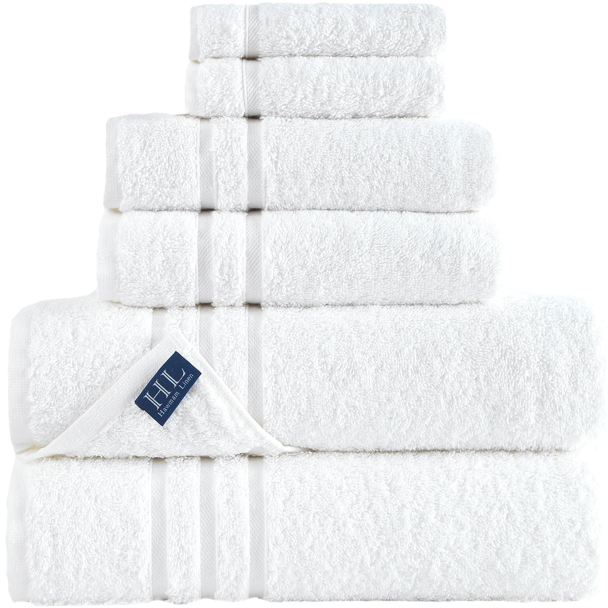 Hawmam Linen White Bath Towels Set 6-Piece Original Turkish Cotton Soft, Absorbent Towel for Bathroom and Kitchen 2 Bath Towels, 2 Hand Towels, 2