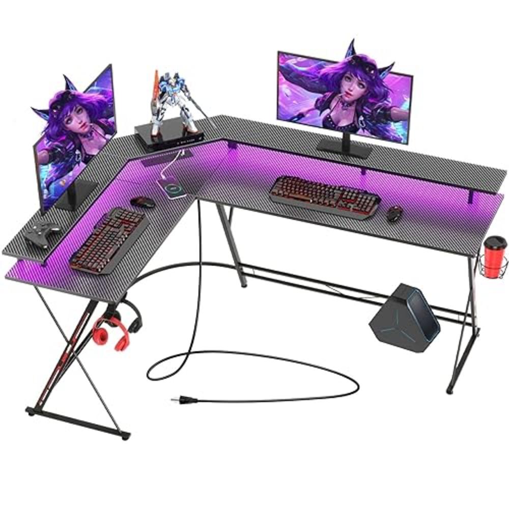 SEVEN WARRIOR L Shaped Gaming Desk with LED Lights & Power Outlets, 58” Computer Desk with Monitor Stand & Carbon Fiber Surface,