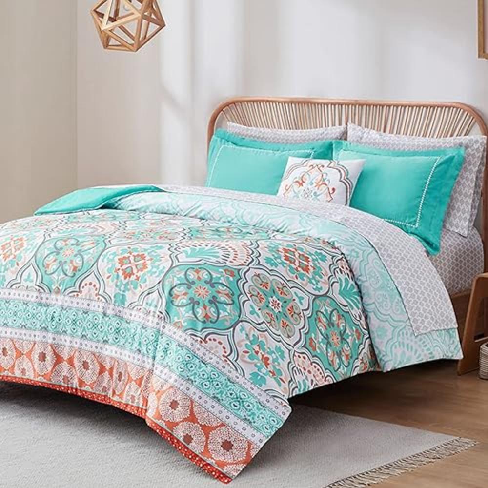 Degrees of Comfort Full Size Comforter Sets, Aqua Boho Complete Bedding Set with Sheet, Microfiber 8 Piece Bed in a Bag with Sid