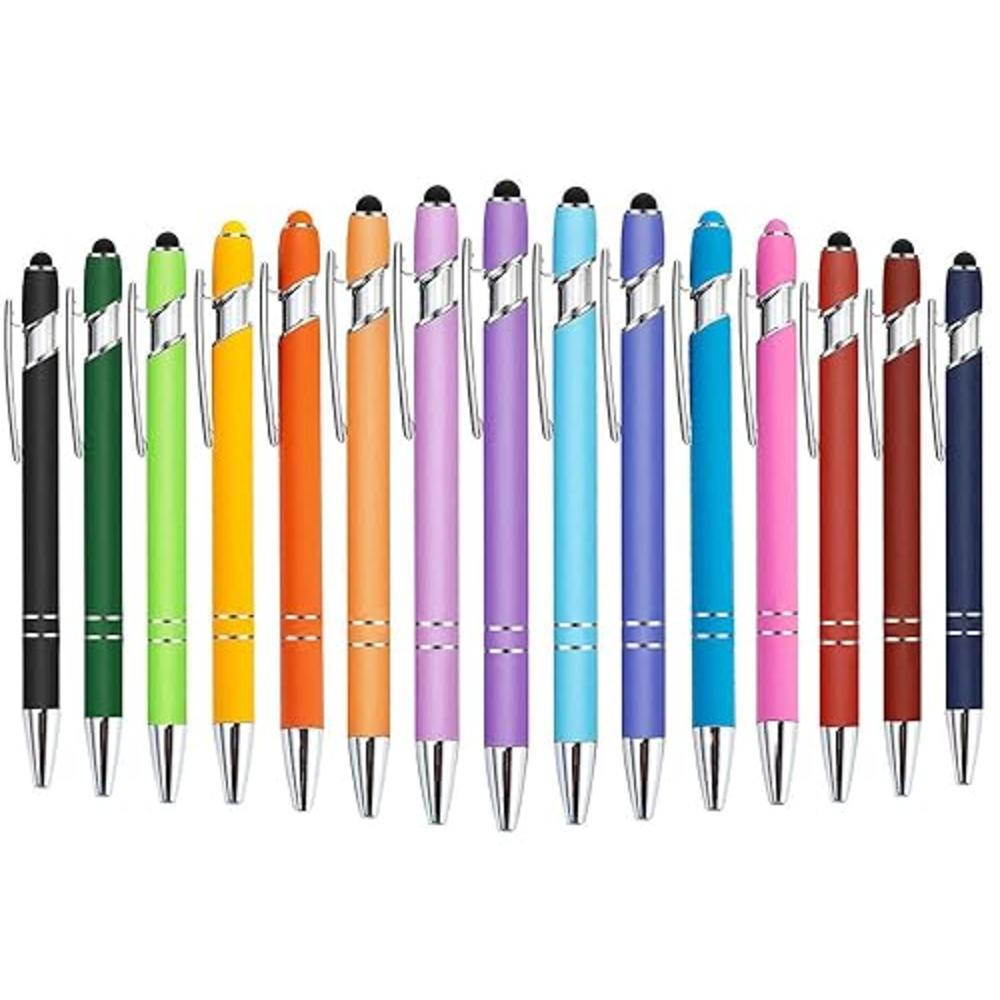 Xccj 15 Pieces Ballpoint Pens with Stylus Tip, Metal Pen Stylus for Touch Screens, Black Ink Ballpoint Pen Colorful for Office S