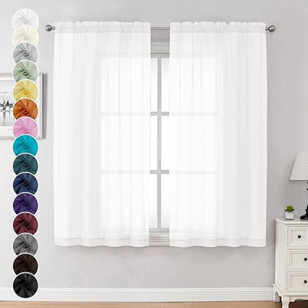 Chyhomenyc White Sheer Curtains 63 Inch Length 2 Panels, Light Filtering Rod Pocket Window Curtain Treatment Drapes for Kitchen 