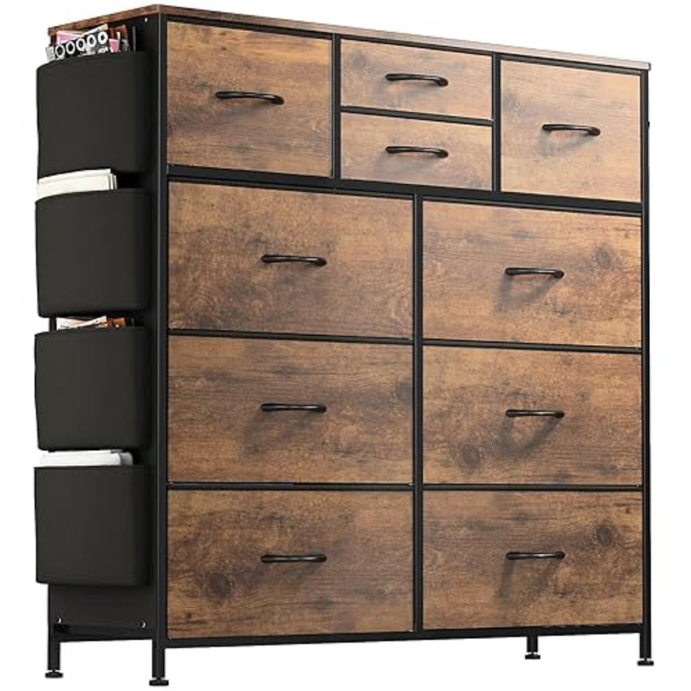 Lulive 10 Drawer Dresser, Chest of Drawers for Bedroom with Side Pockets and Hooks, Fabric Storage Dresser, Sturdy Steel Frame, 