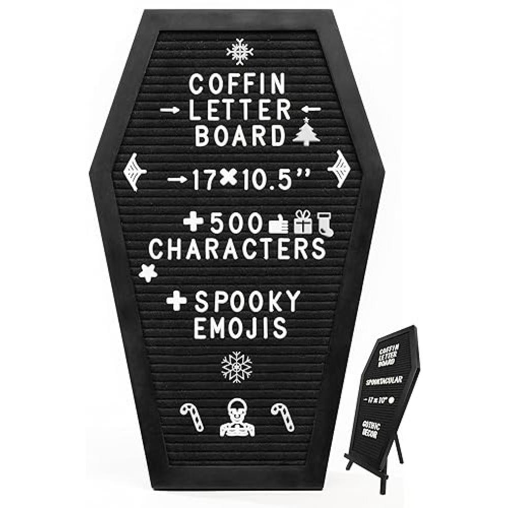 Nomnu Coffin Letter Board Black With Spooky and Creepmas Emojis +500 Characters, and Wooden Stand - 17x10.5 Inches - Gothic Halloween 
