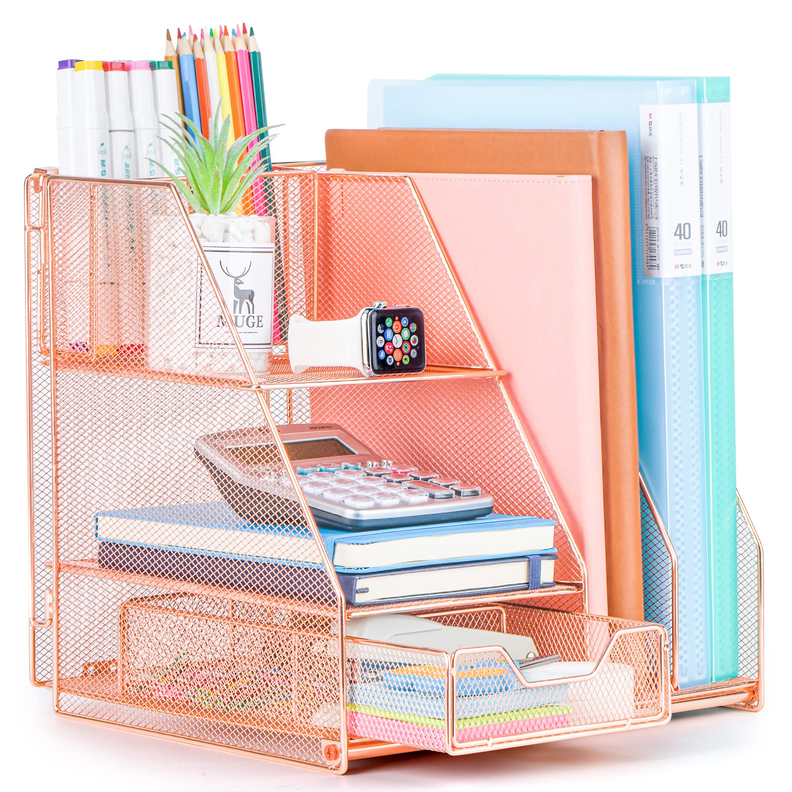 Topwey Rose Gold Desk Accessories, Office Supplies Desk Organizer Caddy with Sliding Drawer, Double Tray, File Organizer and pen holder