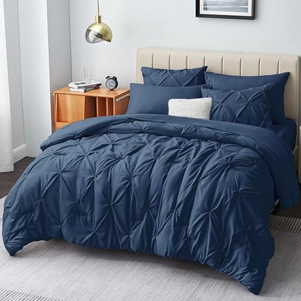 CozyLux Twin Comforter Set - 5 Pieces Comforters Twin Size Navy Blue, Pintuck Bed in A Bag Pinch Pleat Bedding Sets with Comfort