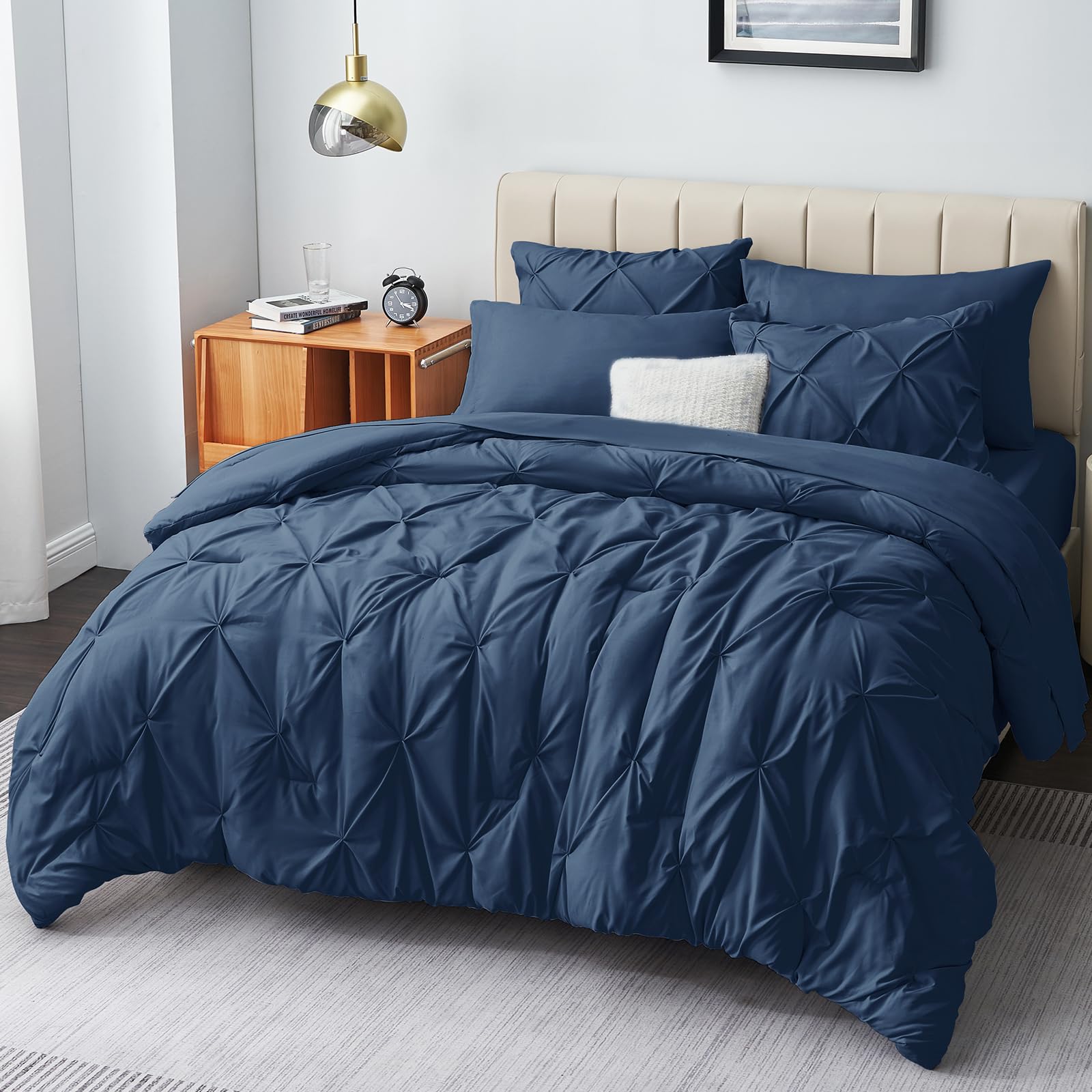 CozyLux Twin Comforter Set - 5 Pieces Comforters Twin Size Navy Blue, Pintuck Bed in A Bag Pinch Pleat Bedding Sets with Comfort