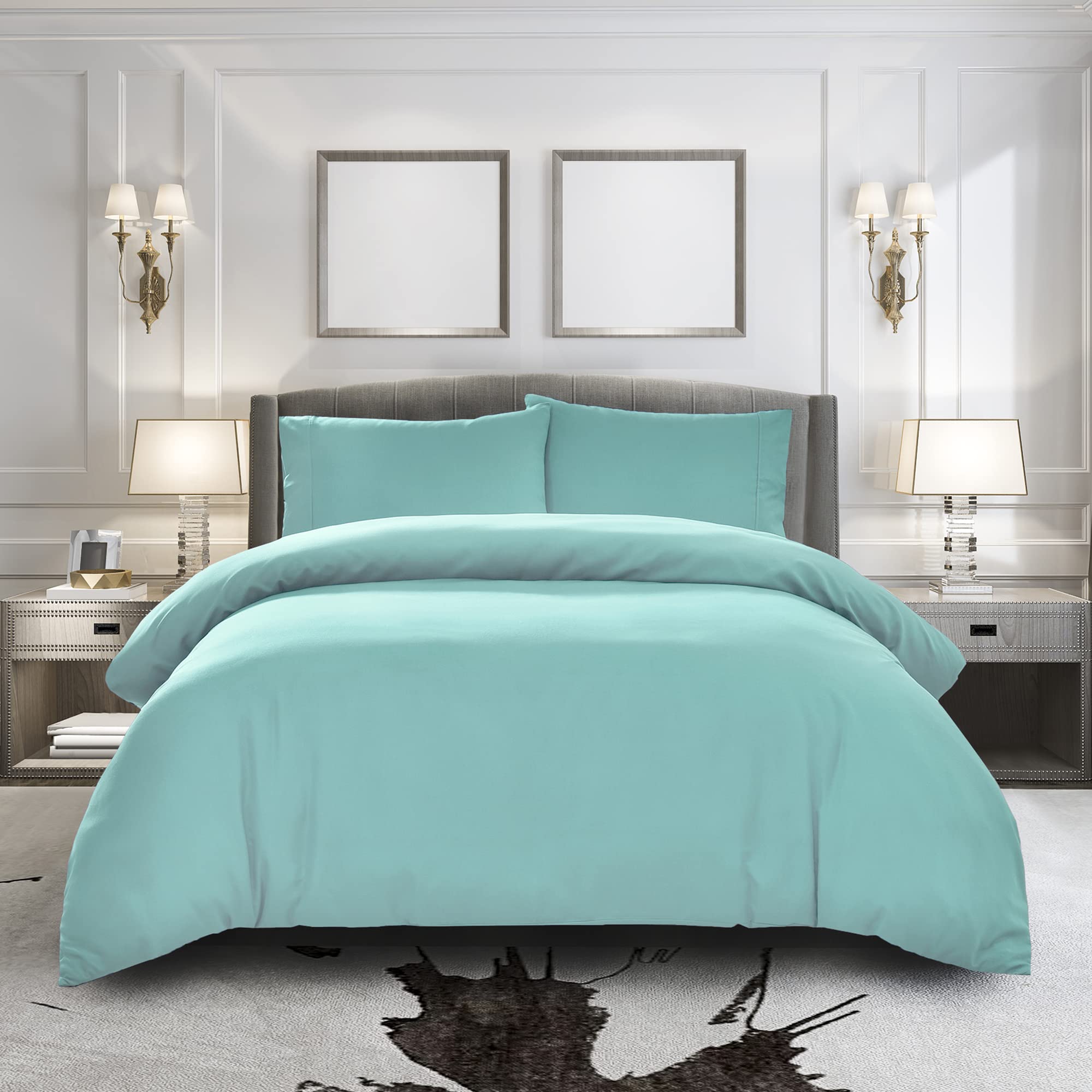 Pure Bedding Duvet Cover Queen [3-Piece, Aqua] - 1 Comforter Protector with Zipper Flap and 2 Pillow Shams - Hotel Luxury 1800 B