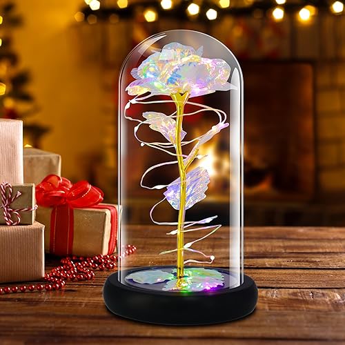 QUELIEN Christmas Rose Gifts for Women,Birthday Gift for Women,Light Up Colorful Rainbow Rose in Glass Dome,Unique Gifts is for 