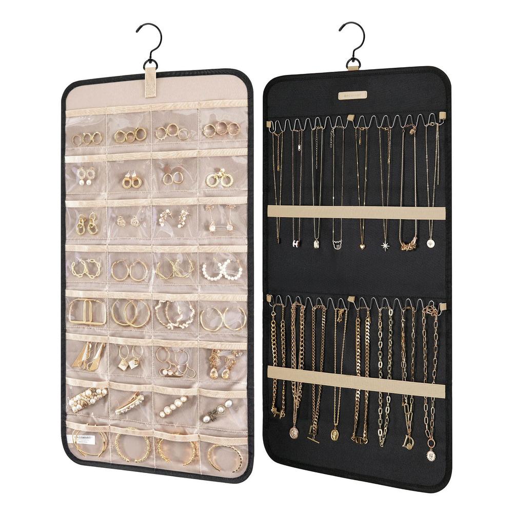 BAGSMART Hanging Jewelry Organizer Storage Roll with Hanger Metal Hooks Double-Sided Jewelry Holder for Earrings, Necklaces, Rin