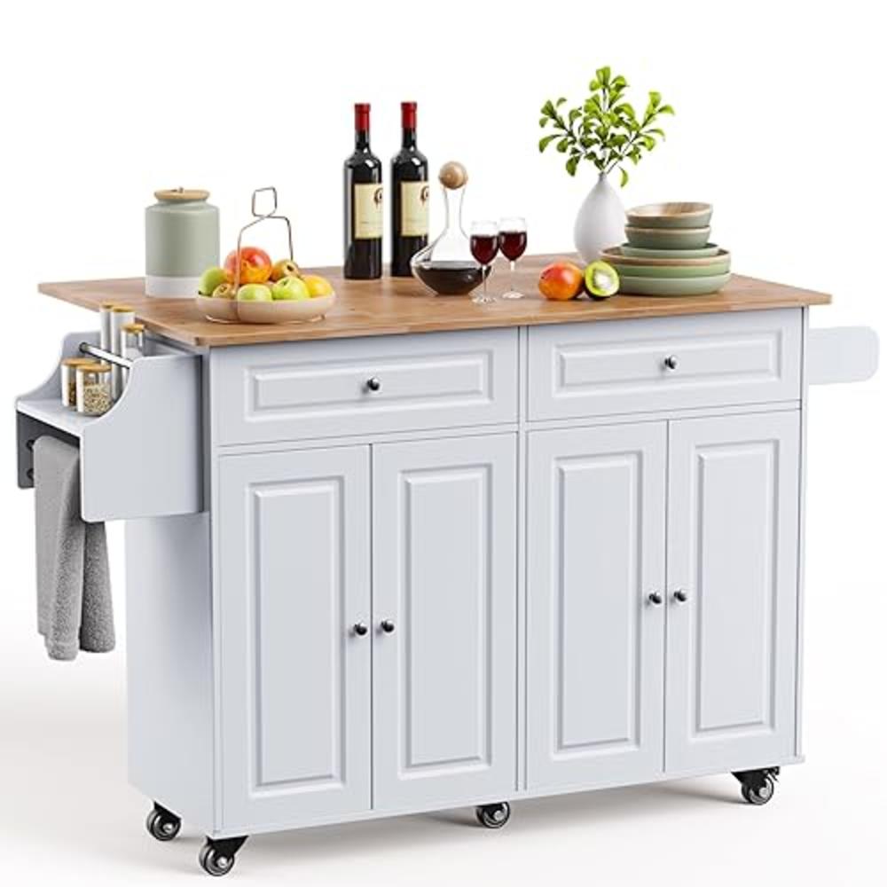 Qsun Kitchen Island on Wheels Kitchen Cart with Rubber Wood Top, Mobile Kitchen Island with Double Storage Cabinet and Drawers, 