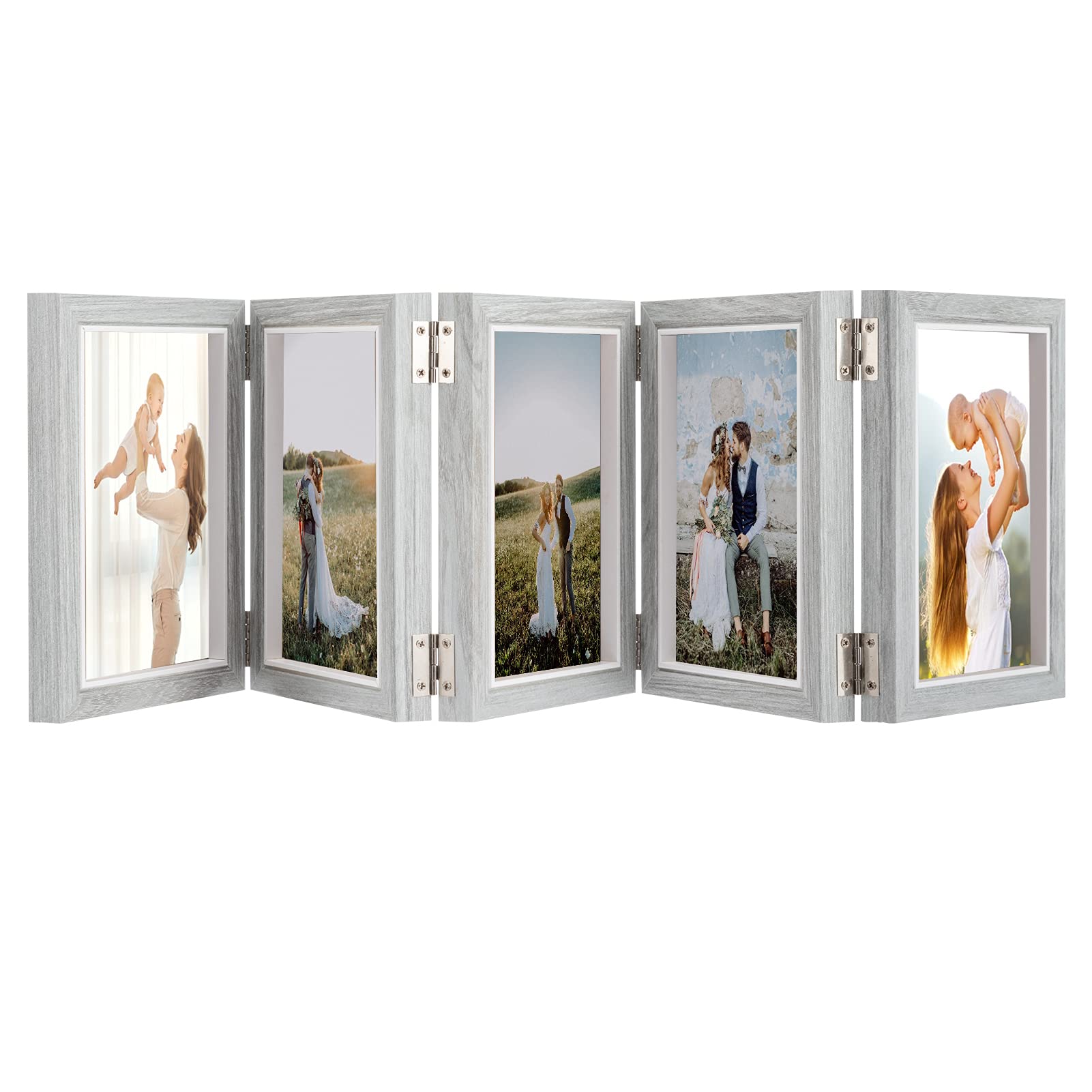 Biggun 5 Folding 4x6in Hinged Picture Frame, Natural Wood Foldable Photo Frame with High Definition Acrylic for Christmas Thanksgiving 