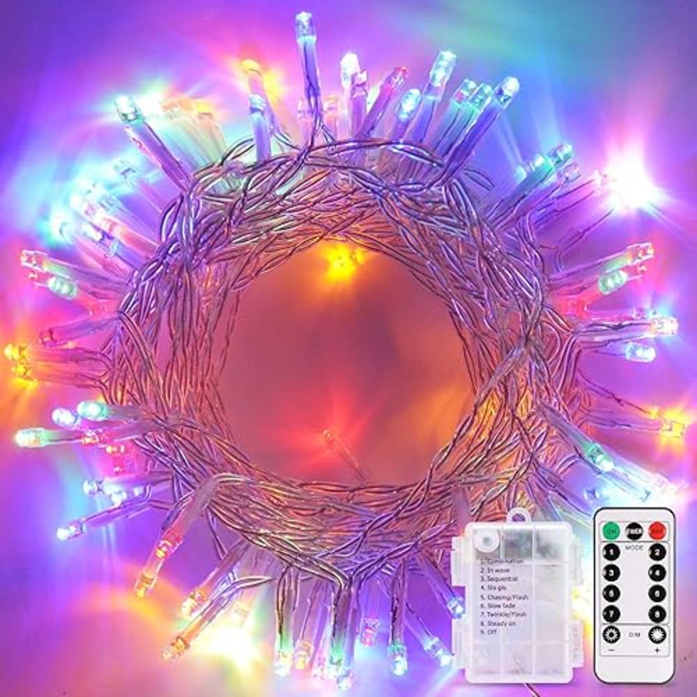 JMEXSUSS Multicolor Christmas Lights Battery Operated with 8 Modes Remote Waterproof, 33ft 100 LED Battery Christmas Lights Indo