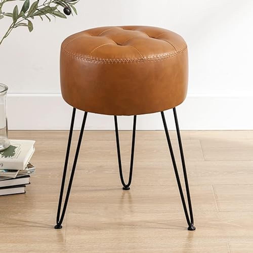 LUE BONA Faux Leather Vanity Stool Chair for Makeup Room， Brown Stool for Vanity, 19” Height, Tufted Small Vanity Chair Stool wi