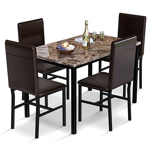 AWQM 5 Piece Dining Table Set for 4,Faux Marble Kitchen Table and Chairs for 4, Modern Dining Room Table Set with PU Leather Cha