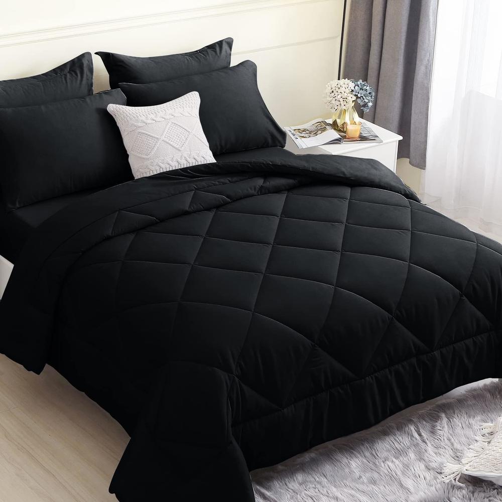 HEVUMYI Queen Comforter Set 7 Pieces, All Season Black Bed in a Bag for Bedroom, Hypoallergenic Ultra Soft Bedding Sets Queen wi
