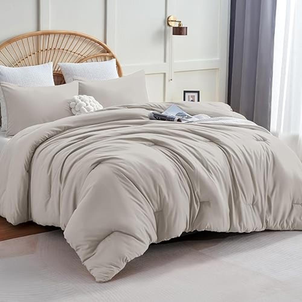 CozyLux Beige Comforter Set King Size, 3 Pieces Boho Solid Breathable Quilted Style Bedding Sets, Luxury Fluffy Soft Microfiber 