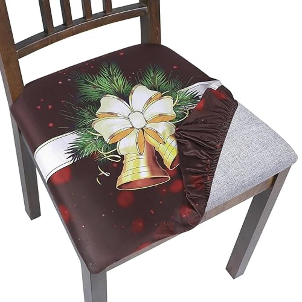 SearchI 6 Pack Christmas Seat Covers for Dining Room Chairs Stretch Printed Xmas Chair Seat Covers, Removable Upholstered Chair 