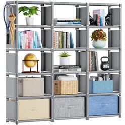 Mavivegue Bookshelf,15 Cube Storage Organizer,Book Shelf Organizer,Tall Bookcase Shelf,Book Cases/Shelves,Grey Cube Shelf,Cubbie