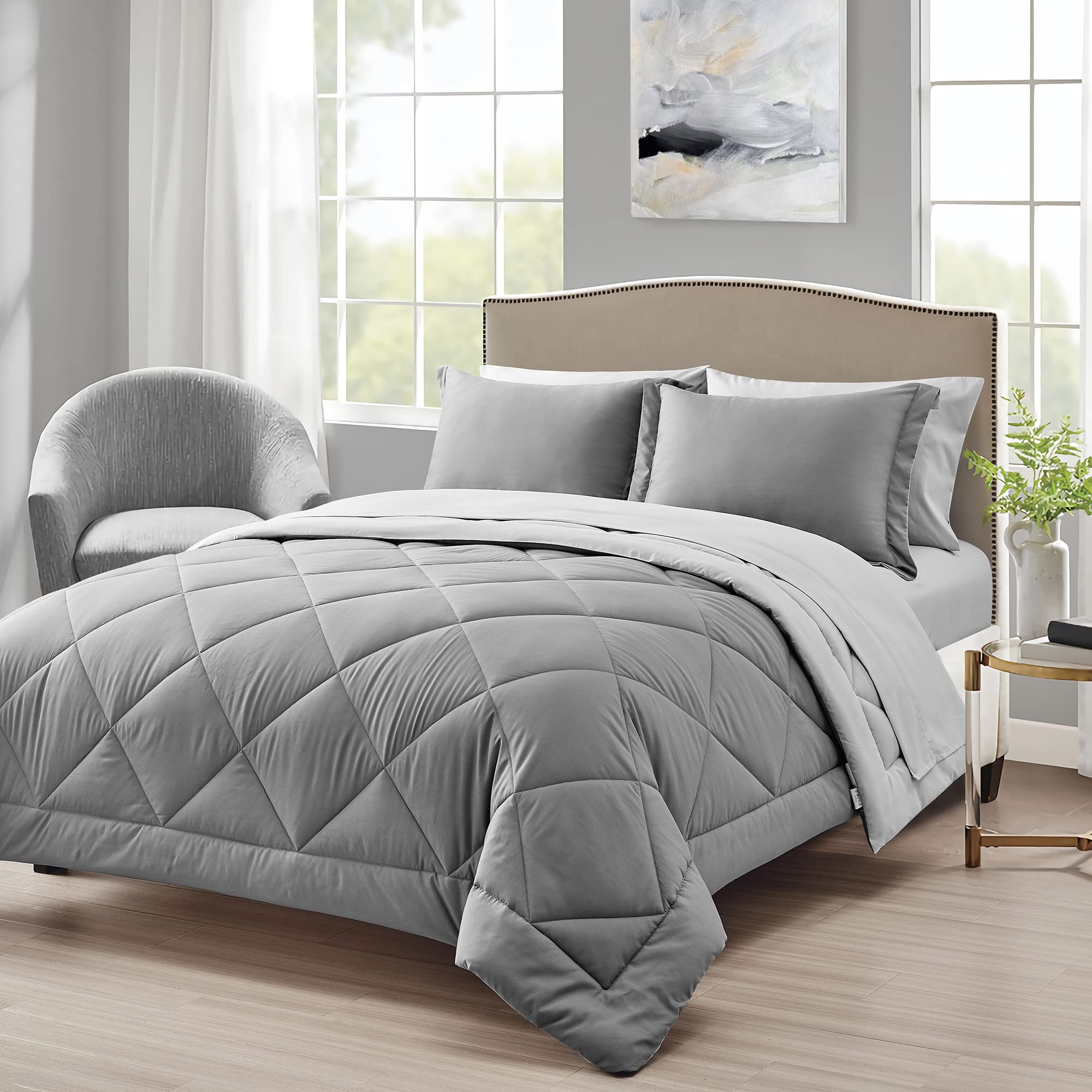 Loves cabin Love's cabin Full Comforter Set Dark Grey and Light Grey, 7 Pieces Full Bed in a Bag, All Season Full Bedding Sets with 1 Comfor