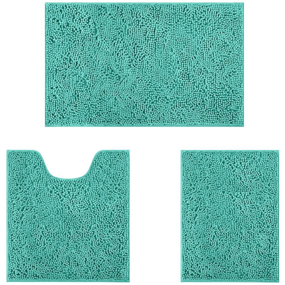 HOMEIDEAS 3 Pieces Bathroom Rugs, Ultra Soft Non Slip Absorbent Chenille Toilet Bath Mat Set (Turquoise)