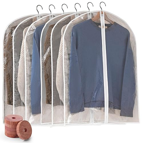 Perber Garment Bags for Hanging Clothes, 6 PCs Clear Garment Bag, Plastic Dustproof Suit Bag, Coat Protector Zippered Garment Co