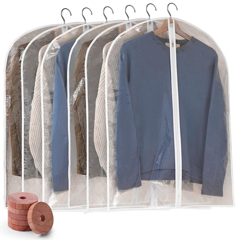 Perber Garment Bags for Hanging Clothes, 6 PCs Clear Garment Bag, Plastic Dustproof Suit Bag, Coat Protector Zippered Garment Co