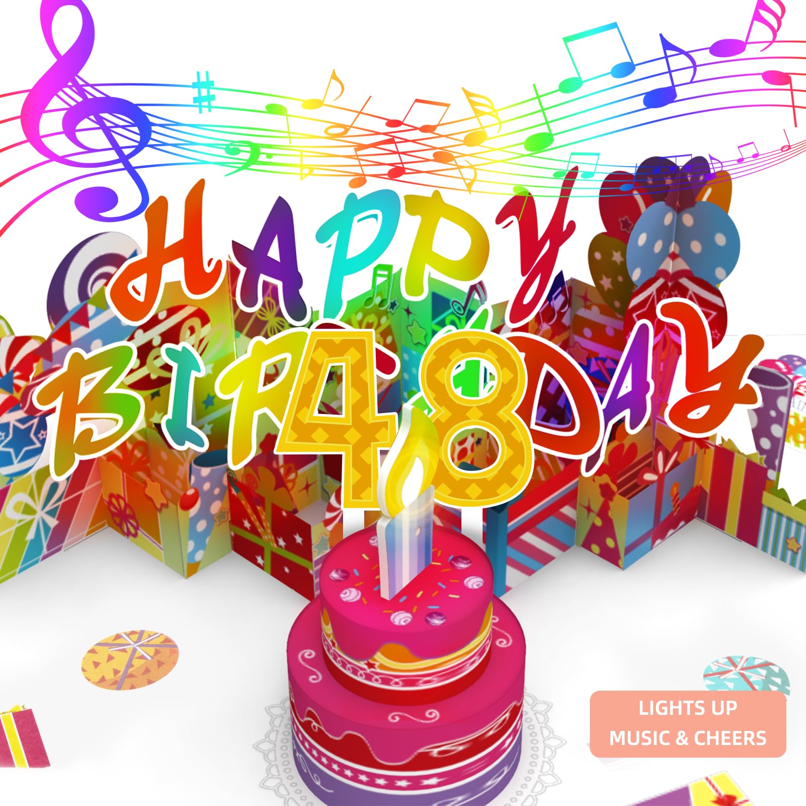 Gumry 48TH Musical Birthday PopUp Card, Blowable LED Light Candle 3D Cards with Song 'HAPPY', Applause Cheers Sound,Color-Changi