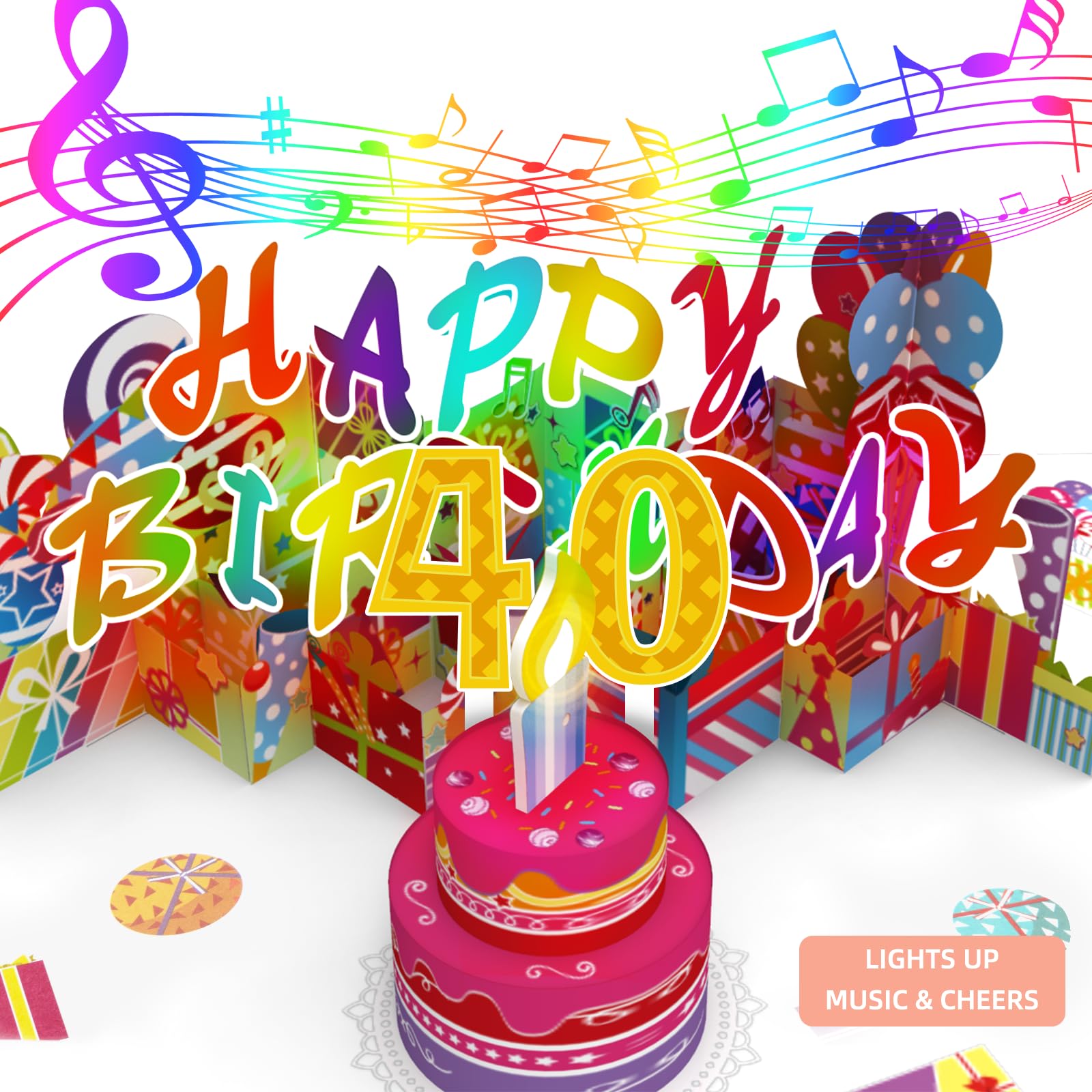 Gumry 40TH Musical Birthday PopUp Card, Blowable LED Light Candle 3D Cards with Song 'HAPPY', Applause Cheers Sound,Color-Changi