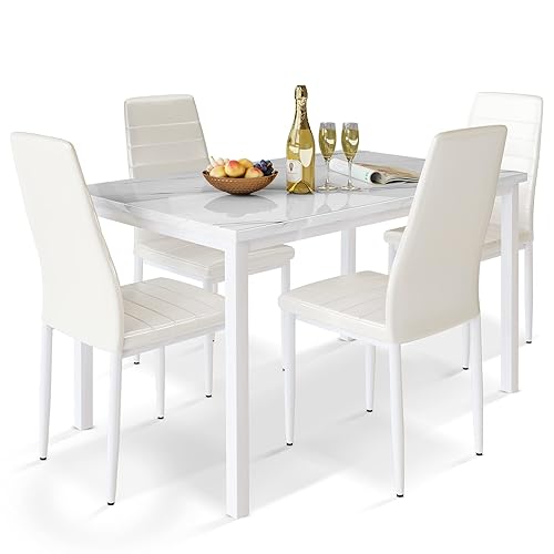 AWQM White Dining Table Set for 4,Faux Marble Kitchen Table and Chairs for 4 with Upholstered Leather Chairs,Dining Room Table S