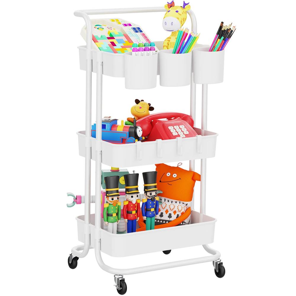LEHOM 3-Tier Rolling Utility Cart with Hanging Cups & Hooks & Handle, Plastic Art Cart Organizer Storage with Wheels, Easy Assem