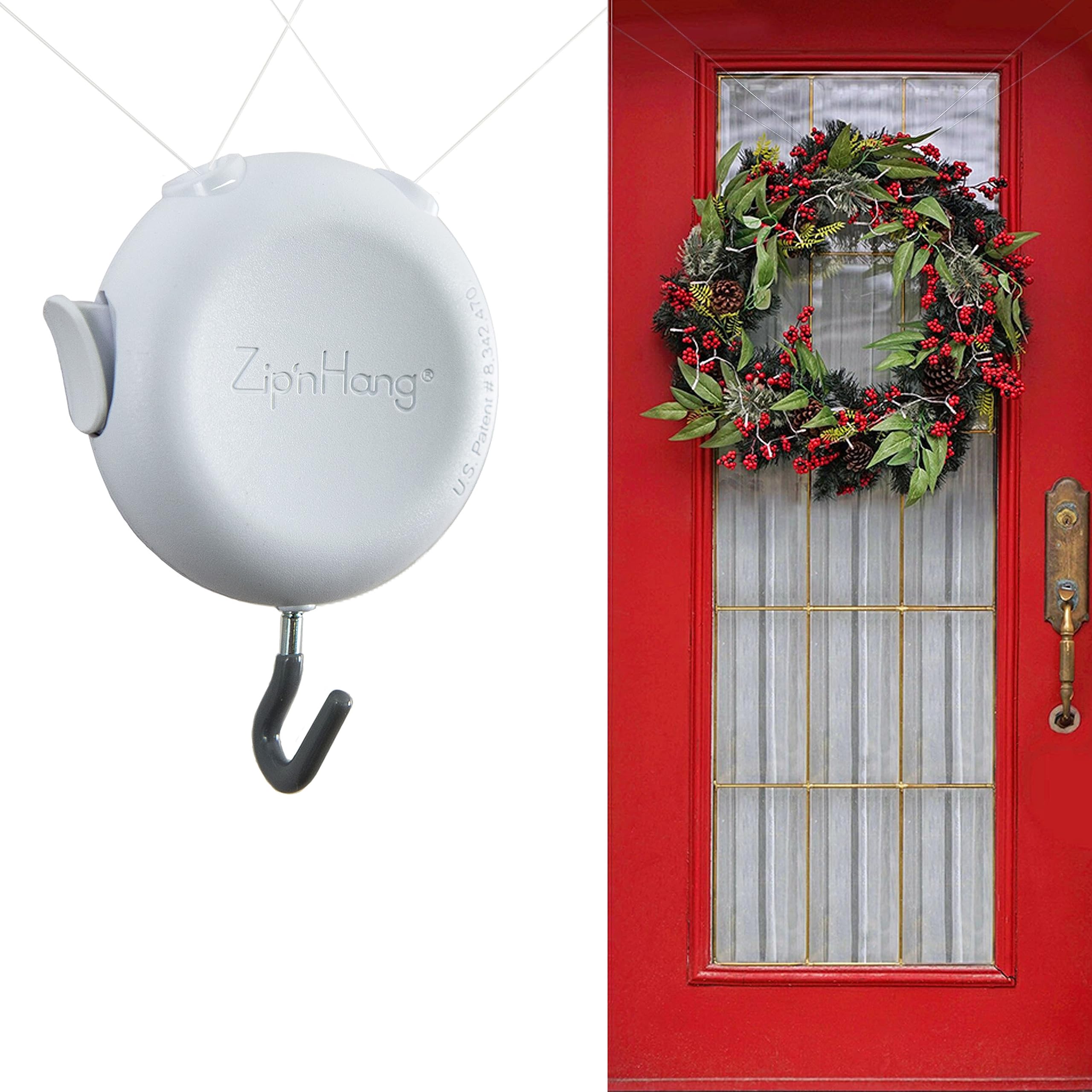 Zip n Hang Nearly Invisible Wreath Hangers for Front Door by ZipnHang - Over The Door Hanger & Door Wreath Hanger for Front Door Decor - Wo