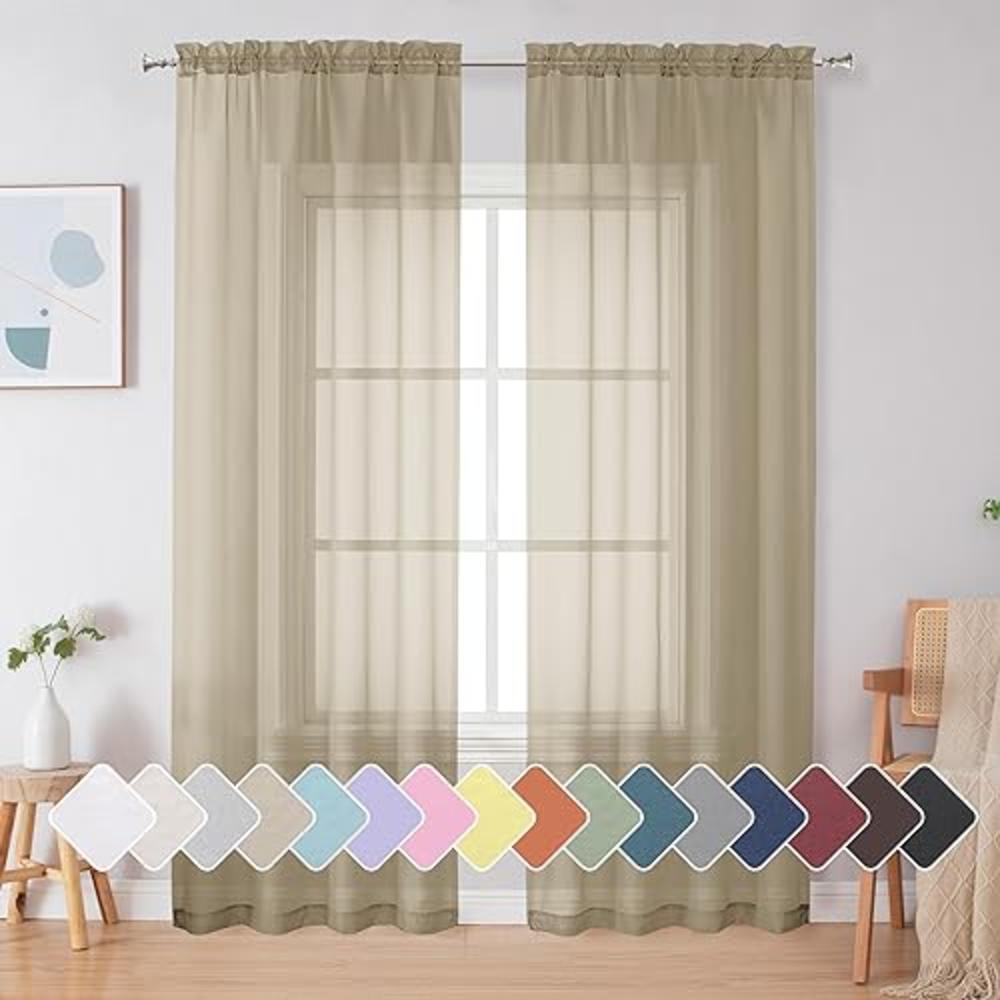 Simplebrand Taupe Sheer Curtains 63 Inch Length 2 Panels, Rod Pocket Solid Color Window Sheer Curtain Panels, Elegant Curtains &