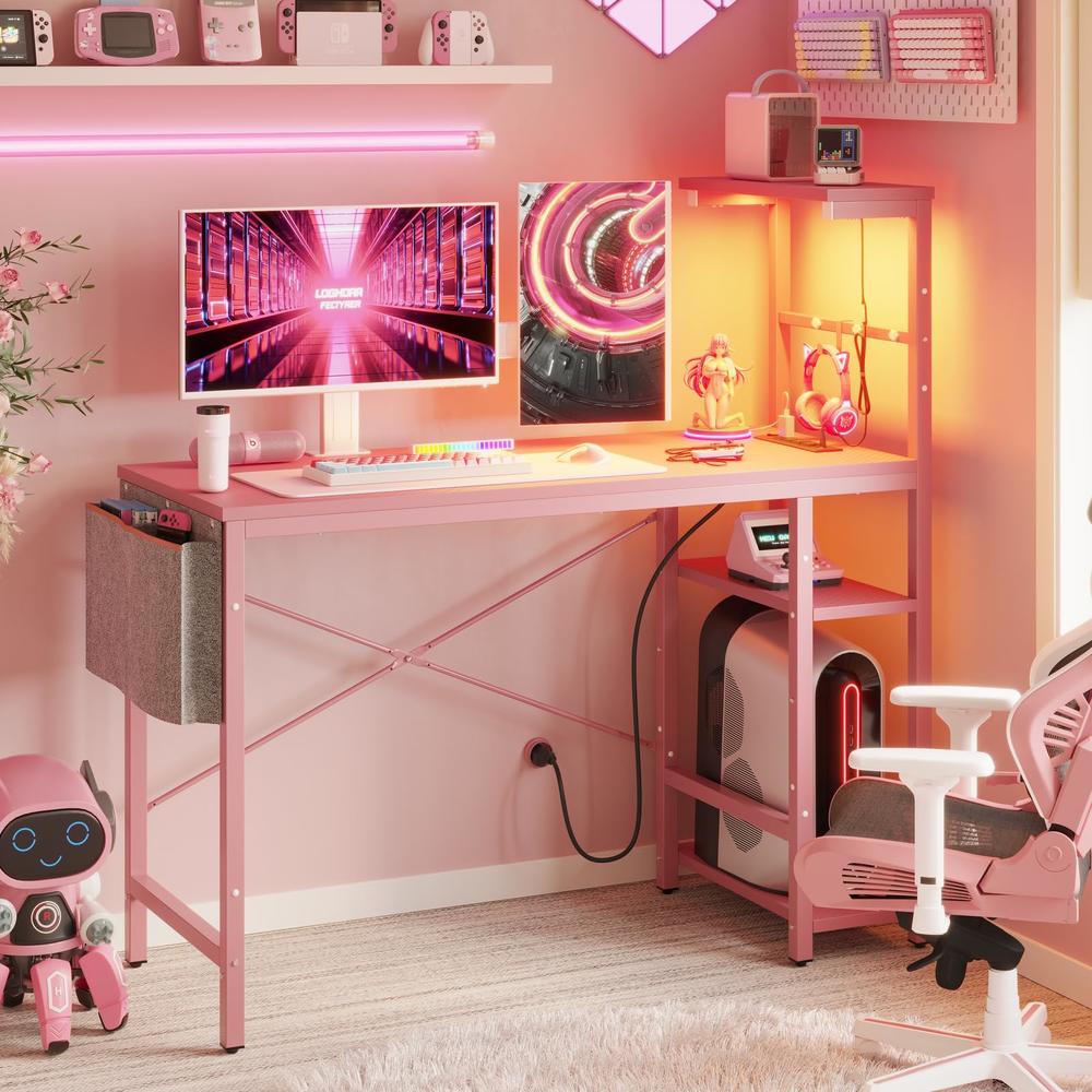 Bestier Pink Gaming Desk with Power Outlets, 44 Inch Led Gamer Desk with 4 Tiers Reversible Shelves, Pink Computer Desk with Hea