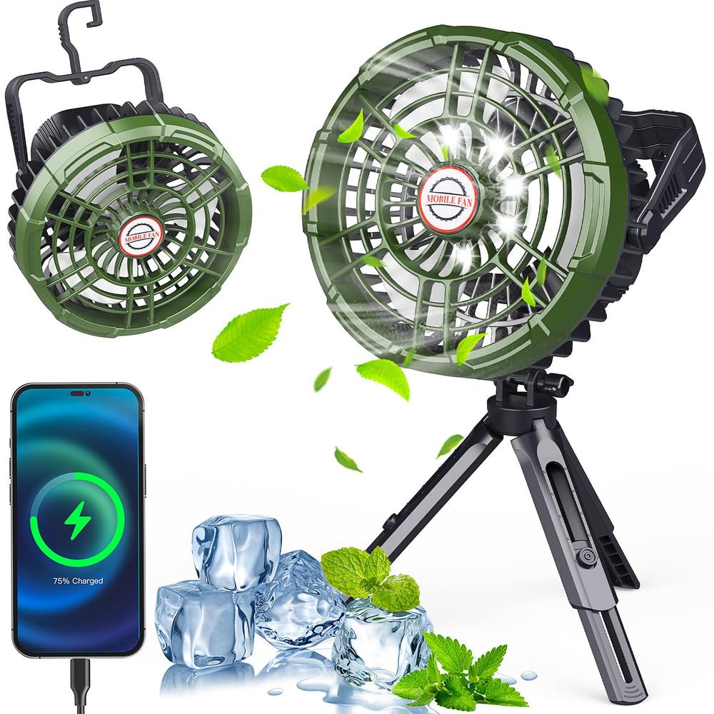 Ackarido Camping Fan with LED Lantern, 10400mAh Rechargeable Portable Tent Fan with Detachable Tripod, Power Bank, 180°Head Rotation, Qui