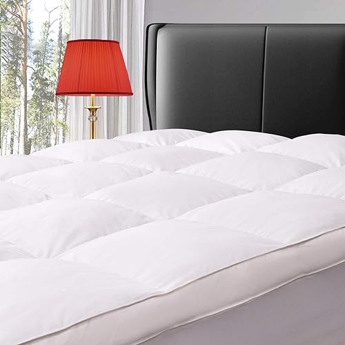 ELEMUSE Queen Size Extra Thick Fusion Goose Down Feather Filled Mattress Topper, Plush Fluffy Doule Layer Pillowtop Mattress Pad