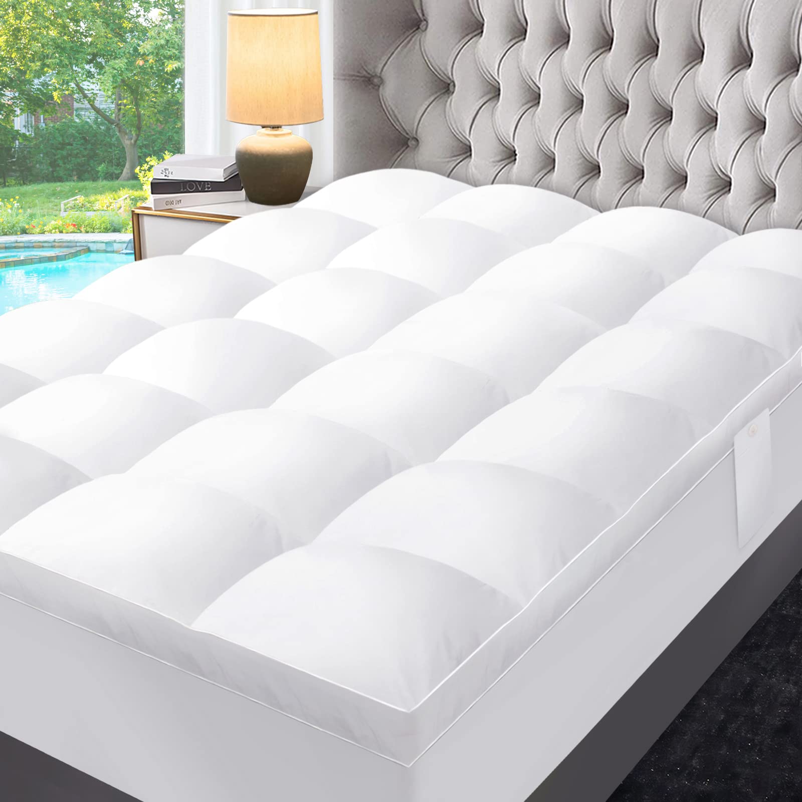 ABENE Queen Size Extra Thick Fusion Down Feather Filled Bed Mattress Topper for Back Pain, Plush Fluffy Doule Layer Pillowtop Lu