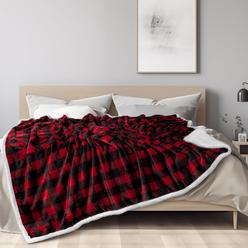 PAVILIA Black and Red Buffalo Plaid Sherpa Fleece Blanket King Size, Soft Flannel Bed Blanket, Checkered Decorative Couch Sofa B