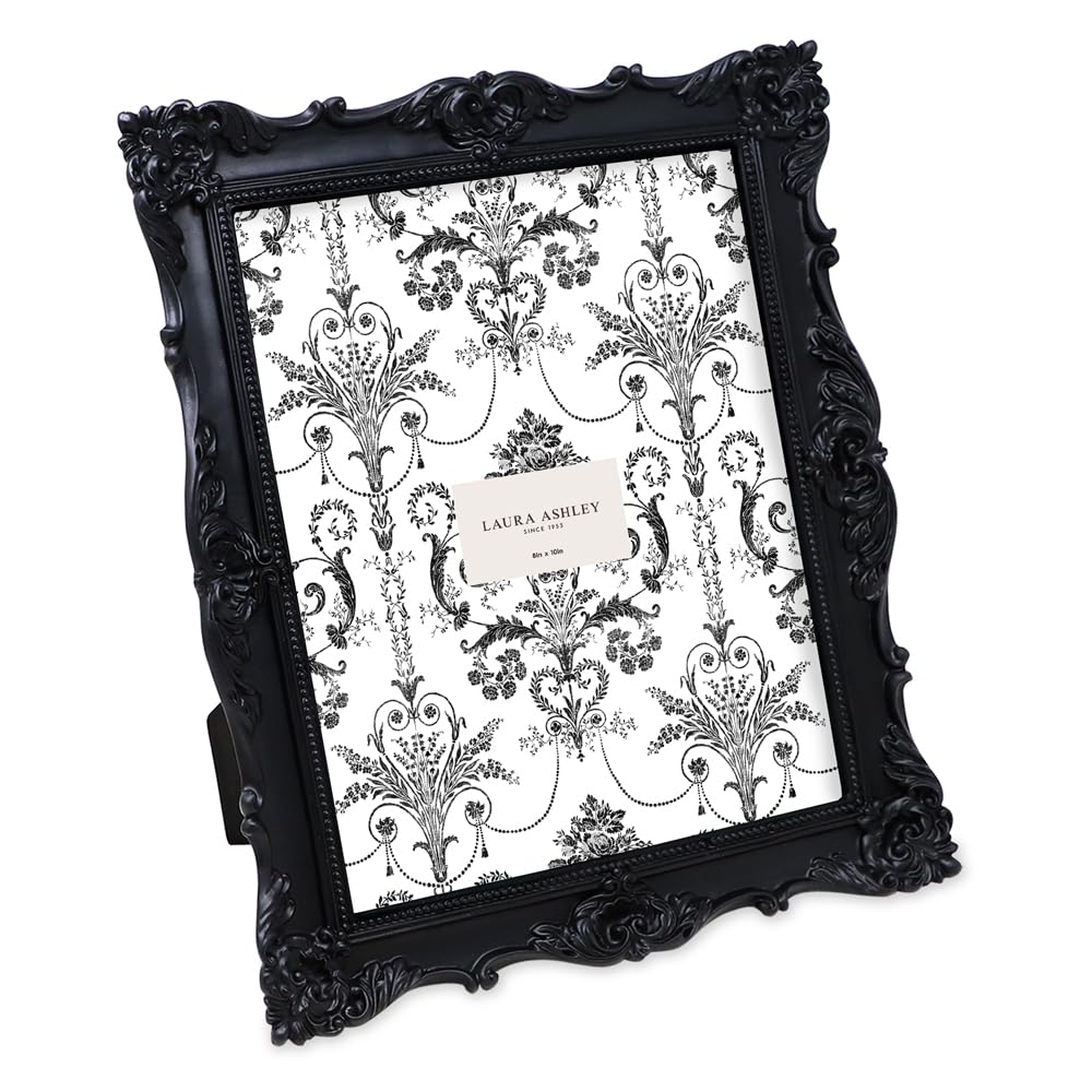 Laura Ashley 8x10 Black Ornate Textured Hand-Crafted Resin Picture Frame with Easel & Hook for Tabletop & Wall Display, Decorati
