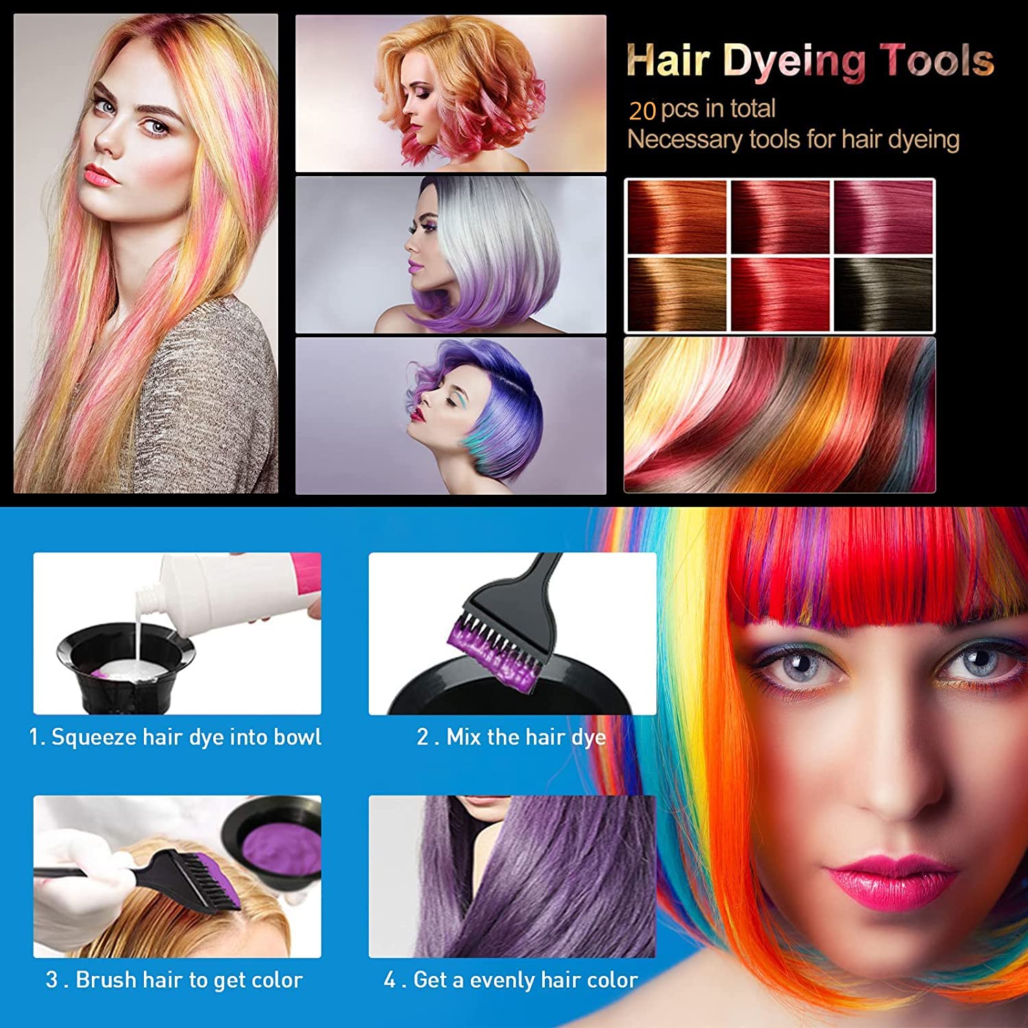NOUSV 20 Pcs Hair Dye Brush and Bowl Set, Hair Dye coloring Kit, Hair coloring Bleaching, Hair Dye Tools for DIY Salon Hair Tint