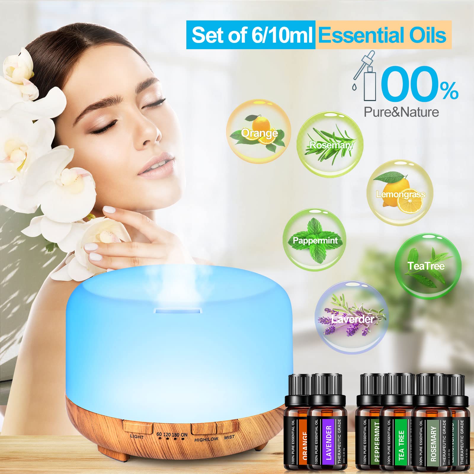 YIKUBEE Oil Diffuser with Essential Oils Set, 500ml Essential Oil Diffuser, 6x10mL Essential Oils for diffusers for Home, Aromat
