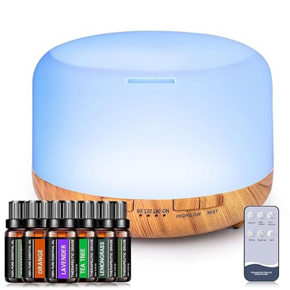 YIKUBEE Oil Diffuser with Essential Oils Set, 500ml Essential Oil Diffuser, 6x10mL Essential Oils for diffusers for Home, Aromat
