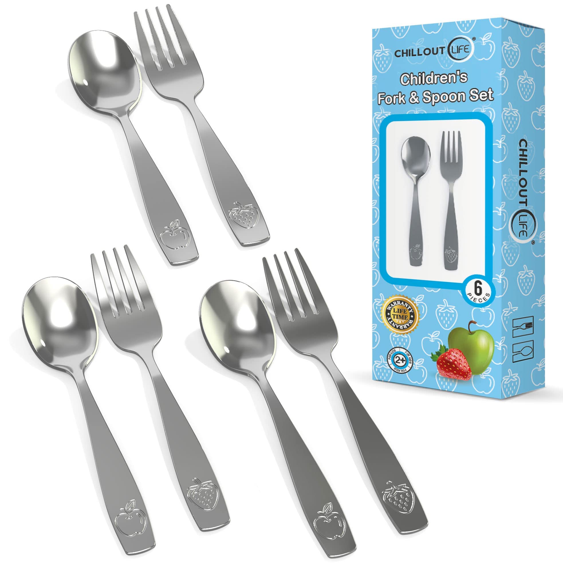 ChillOut Life 6 Piece Stainless Steel Kids Silverware Set - Child and Toddler Safe Flatware - Kids Utensil Set - Metal Kids Cutlery Set (Inclu